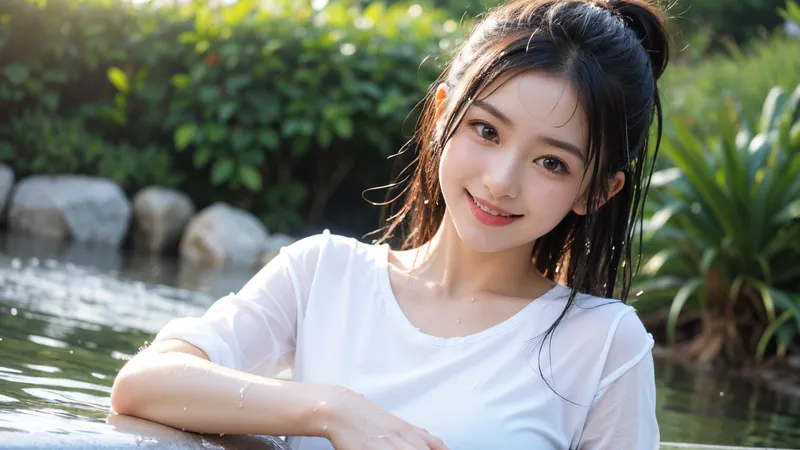 白いシンプルなTシャツに身を包み、緑溢れる庭園の池畔で優しく微笑む黒髪の美少女。自然光が肌を柔らかく照らし、癒しとやさしさが漂うポートレートです。