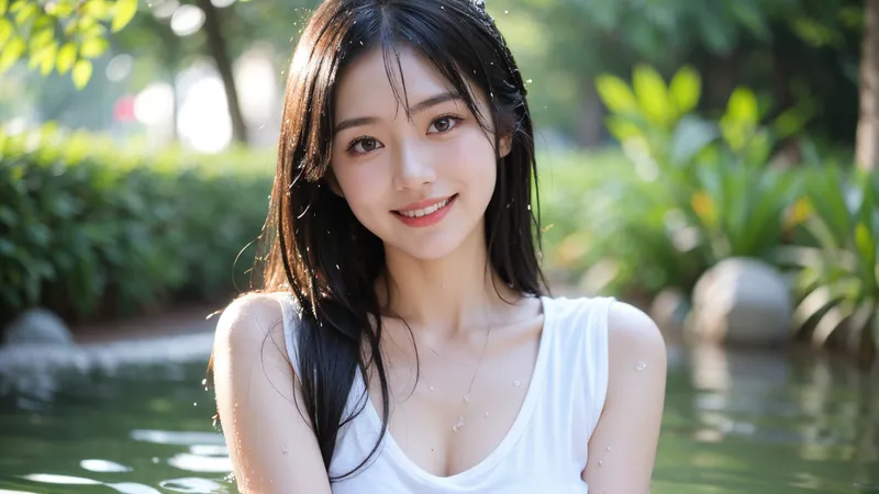 緑豊かな庭園の水辺で、白いトップスを着た黒髪の美少女がカメラに向かって優しく微笑んでいます。柔らかな日差しに照らされた素朴で清楚な雰囲気のポートレートです。