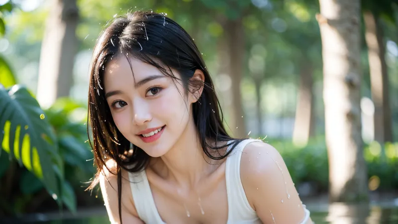 樹木に囲まれた屋外で、白いタンクトップ姿の長髪の少女がカメラに向かって柔らかな笑顔を見せています。自然光に照らされた表情は清楚で優しく、落ち着いた雰囲気が魅力的なポートレート作品です。