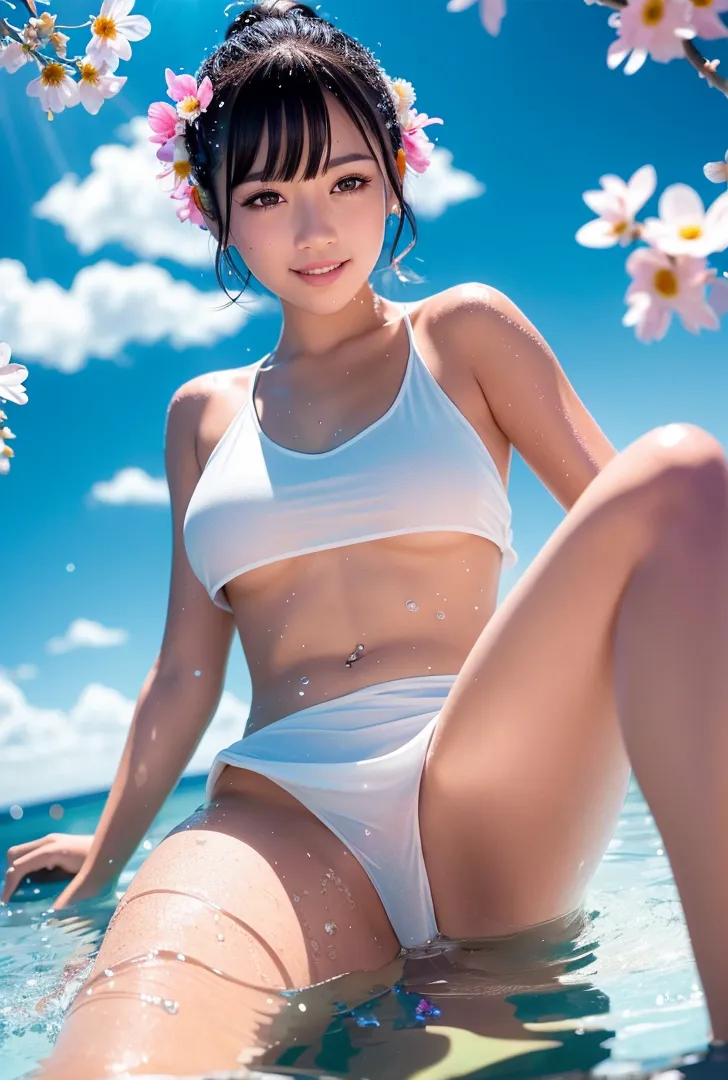 青空と白い雲が広がる水辺で、ピンクと白の小花を髪に飾った少女が爽やかな笑顔を見せています。透き通るような肌と明るい表情が、夏の清涼感を引き出すポートレート作品です。