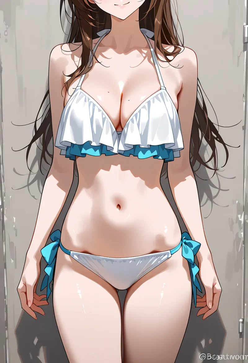 ロングヘアの少女が白とブルーの配色水着を着用したグラビアスタイルの作品です。明るい採光と落ち着いた背景で、清涼感あふれる夏らしい雰囲気に仕上がっています。