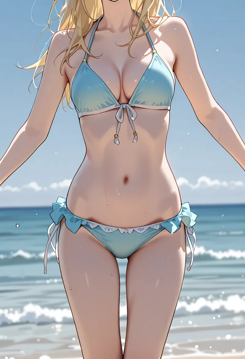 爽やかな青系ビキニを身につけた美少女が、清々しい海辺でポーズを決めたポートレートイラストです。グラデーション光を受けた肌と、波打つ金髪が印象的な夏のビーチシーンです。