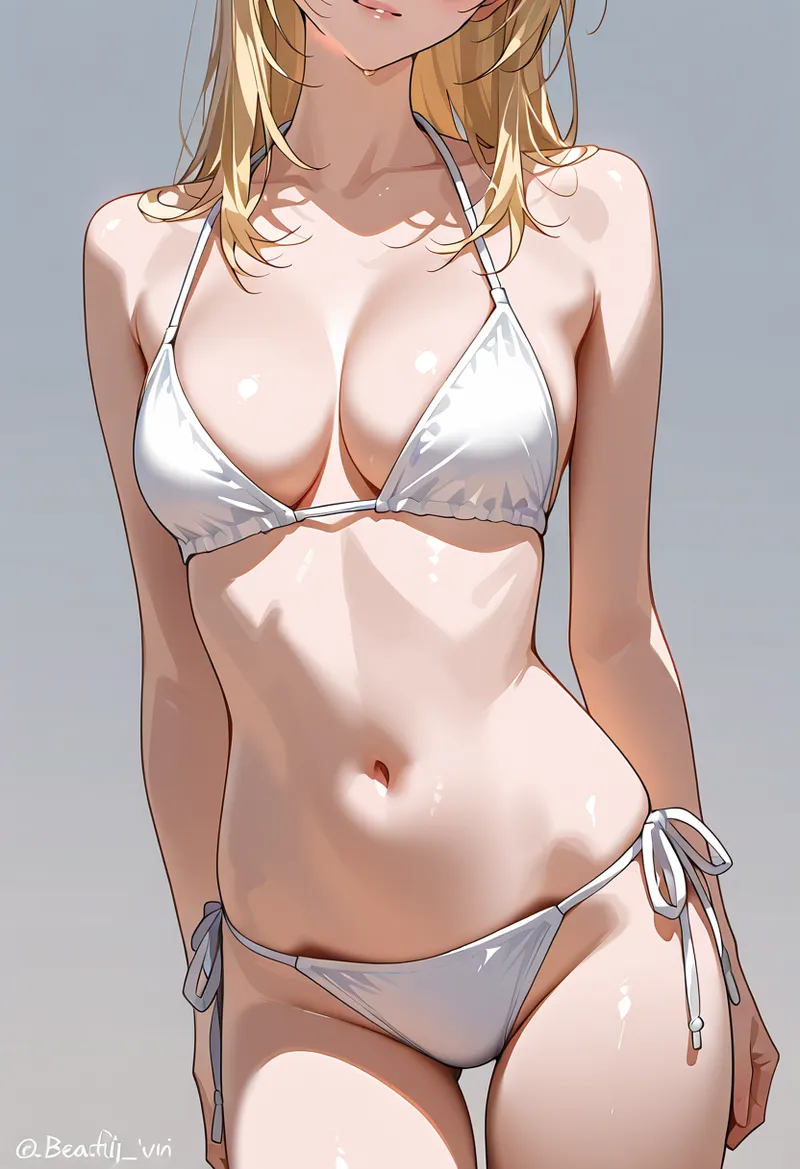 金色に輝く長髪と白いビキニを身に纏った美少女のアニメ調イラストです。柔らかな光源で陰影がつけられた、優雅で洗練されたポーズが特徴的です。