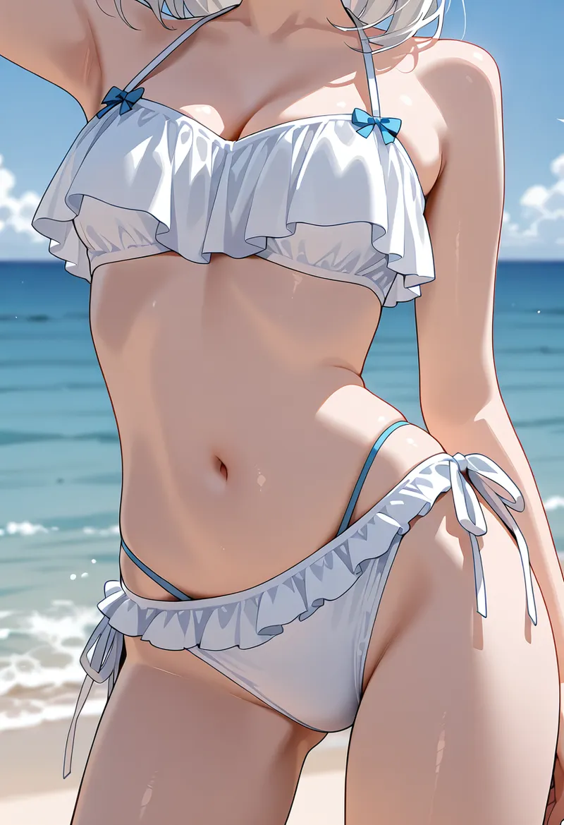 青い海を背景に、白のフリル装飾が施されたビキニを身につけた少女が爽やかに微笑む。晴れた空と波しぶく海岸の情景が、夏の開放感を引き出すアニメ調イラストです。