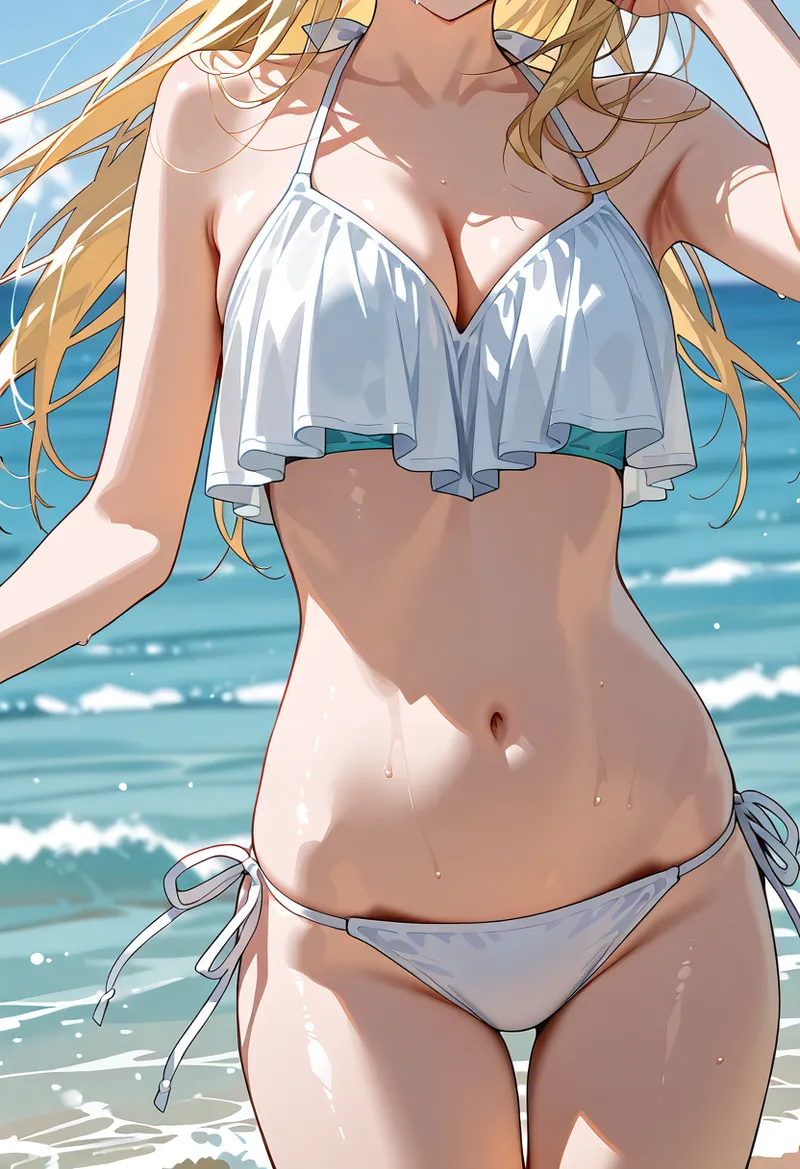 青い海と空を背景に、金髪をなびかせた美少女が白のビキニで立つアニメ調イラスト。波打ち際の輝く水と爽やかな夏の風が表現された、開放的で瑞々しい一枚です。