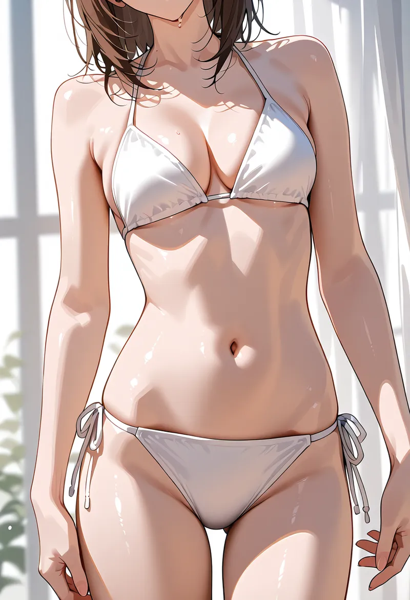 白を基調とした水着姿の美少女を、明るい窓辺で捉えた透明感あふれるイラスト。柔らかな陽光が肌を優しく照らす、爽やかで洗練されたAI生成アート作品です。