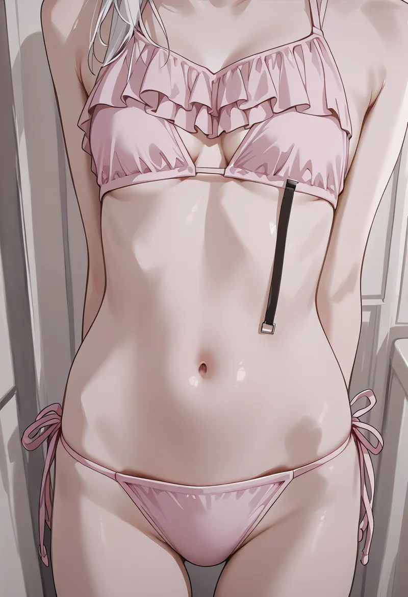 柔らかなピンク色のフリル付きランジェリーを着用した、アニメ調の美少女イラストです。明るい室内背景と上品な色調で描かれた、エレガントなポートレート作品となっています。