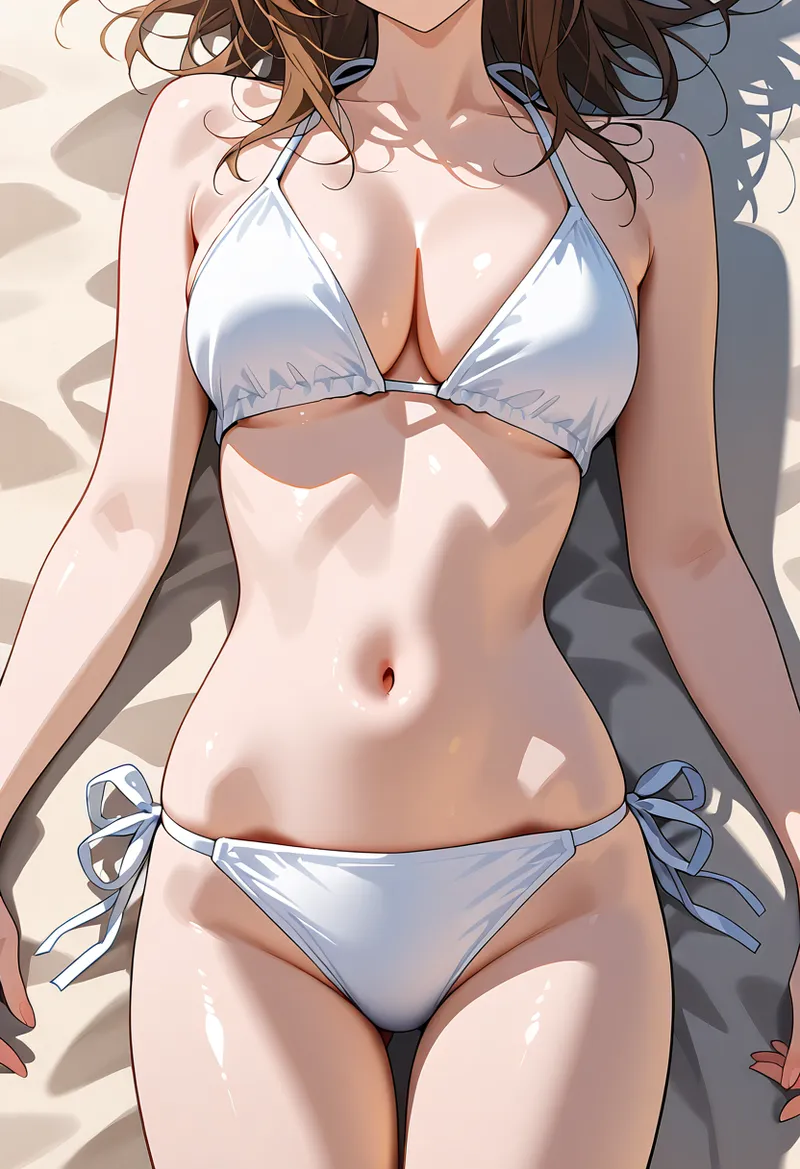 明るい日差しの中、白いビキニ姿でリラックスした表情の美少女を描いたアニメ調イラスト。柔らかな影の表現と透明感のある色彩が夏の爽やかさを引き出しています。