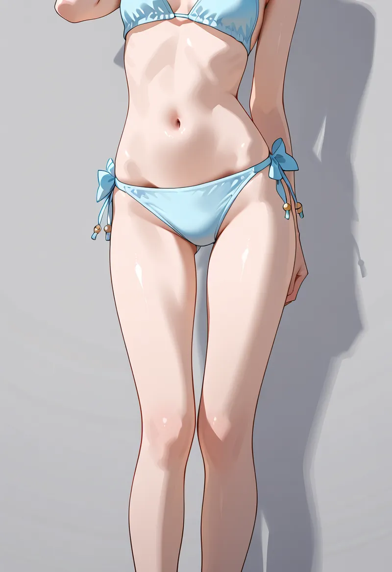 柔らかな陰影で描かれた肌と、爽やかな水色のビキニがマッチした夏らしいポートレート。アニメ調の優雅な身体表現と、明るい色彩設計が特徴的です。
