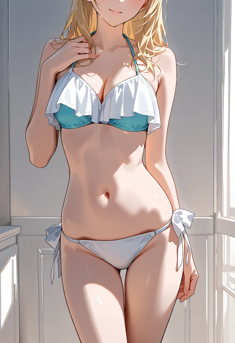 白と紺色のビキニ姿の金髪美少女のグラビアイラスト。光が差し込む室内で、優雅な立ち姿とリラックスした表情が魅力的です。