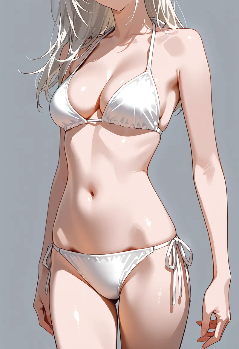 銀髪の美少女がホワイトビキニを着用したグラビア風イラストです。落ち着いたグレー背景に、爽やかな色合いと洗練された構図で描かれています。