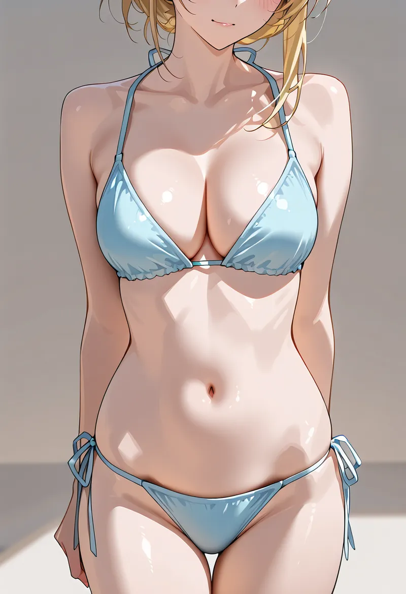 淡い肌と金髪が印象的な美少女が、爽やかな水色のビキニ姿で微笑む夏向けイラストです。光と影の表現で立体感のある優雅なポーズが特徴です。