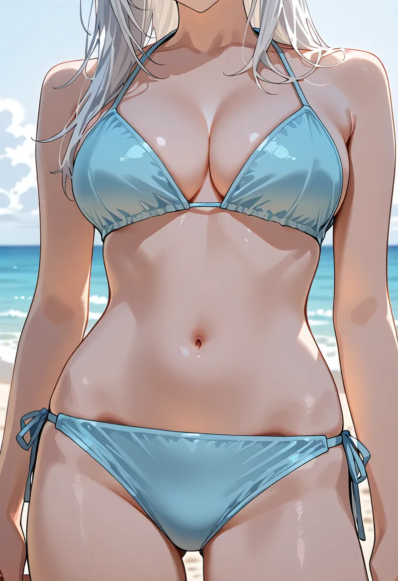 爽やかな青色のビキニを身に纏った少女が、海辺でポーズを取るアニメ調イラスト。銀髪がなびく優雅な姿と背景の海のグラデーションが印象的です。