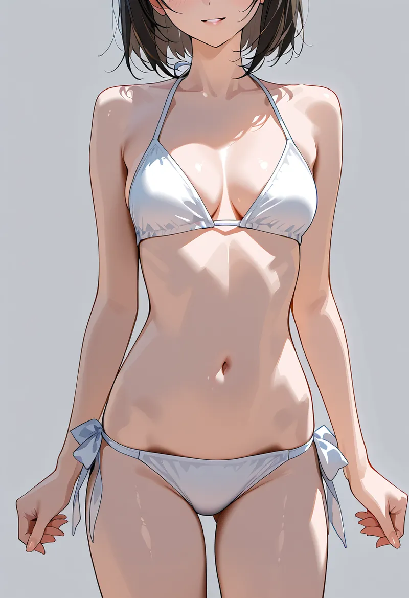 黒髪ショートヘアの美少女がシンプルな白いビキニ水着を身につけた、アニメ調のポートレートイラストです。柔らかい光が肌を包み込み、落ち着いた灰色背景との対比で優雅に描かれています。