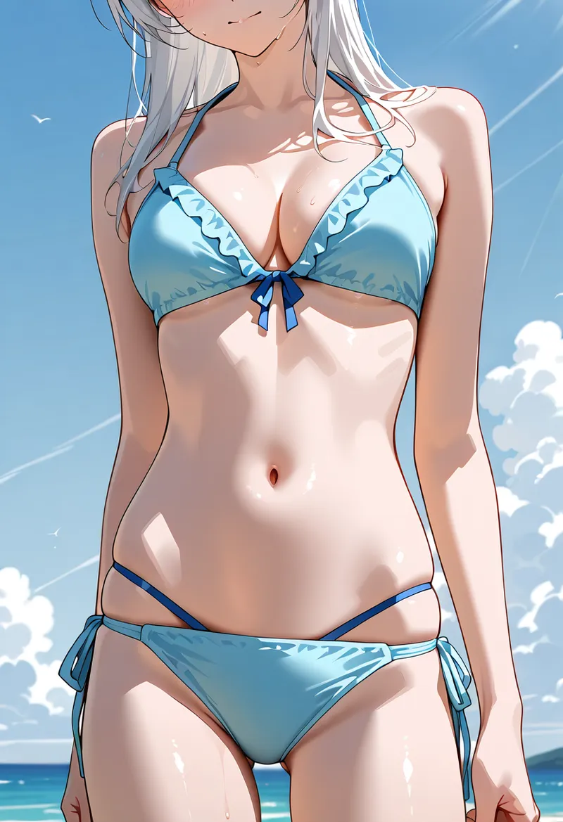澄み渡った空と海を背景に、白銀の長髪が涼しく揺れる美少女のイラストです。水色のビキニと爽やかな表情が夏の開放感を表現しており、アニメ調の繊細なタッチで描かれています。