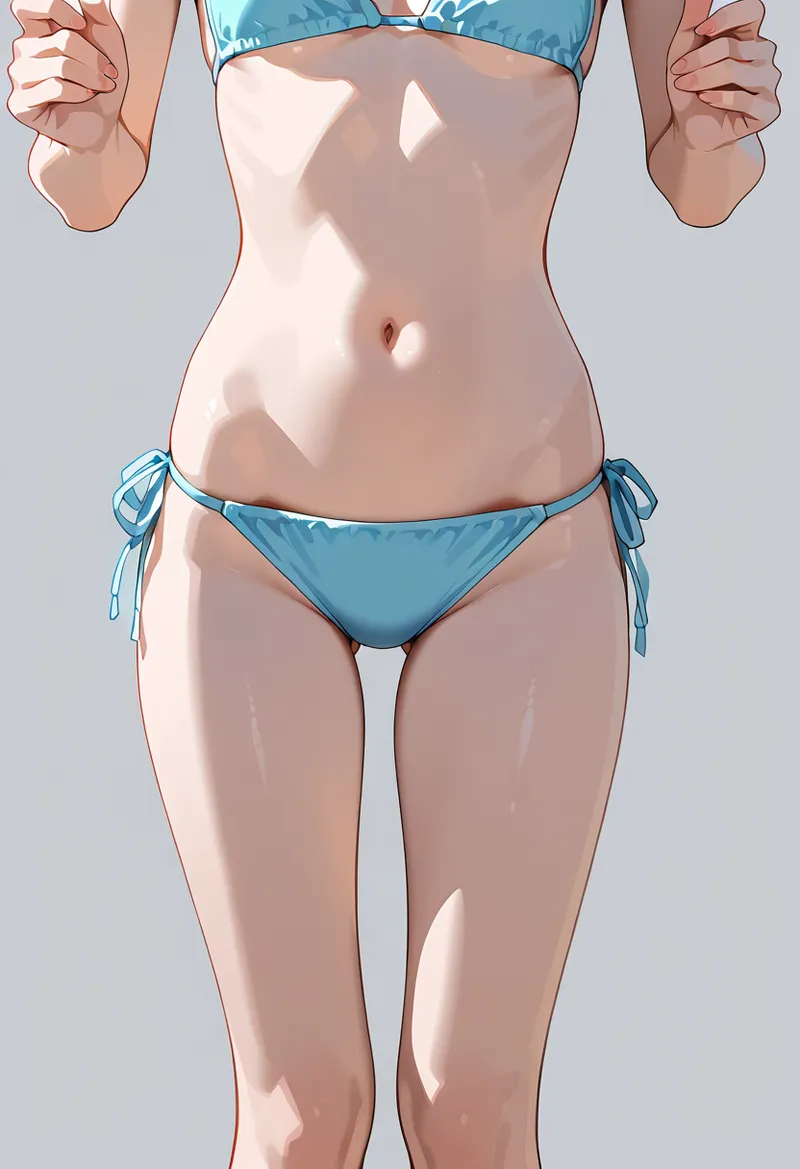 爽やかな青色の水着を身に纏った美少女のポートレートイラストです。明るいグラデーション背景に浮かぶ柔らかな光の表現が、夏の開放感を引き出しています。