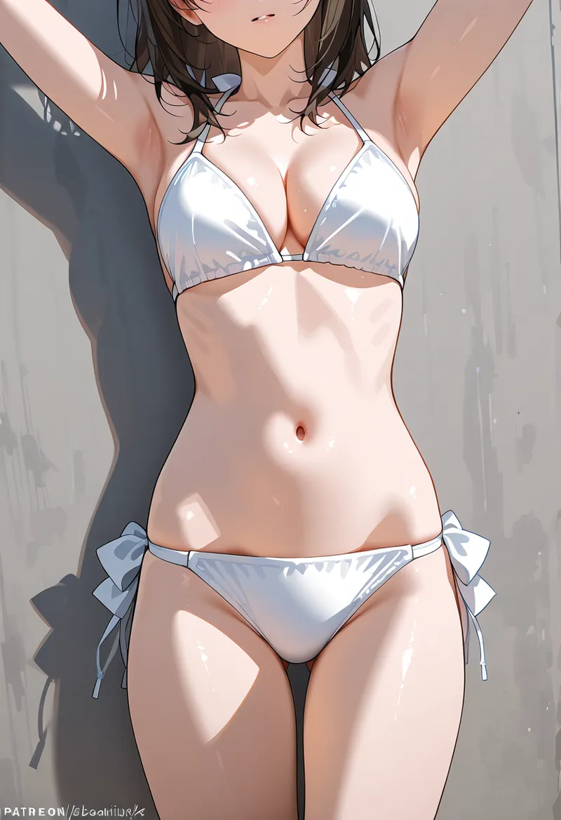 明るい逆光の中で両腕を上げたポーズをとる美少女のアニメ調イラスト。白いビキニ姿で爽やかな夏の雰囲気を表現した、光と影の立体感が丁寧に描かれた作品です。
