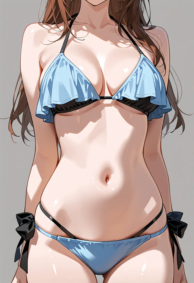 明るい青色のビキニ水着に黒いリボン装飾をあしらった、アニメ調の美少女イラストです。柔らかな色合いとなめらかな質感で表現された夏らしいポートレート作品。