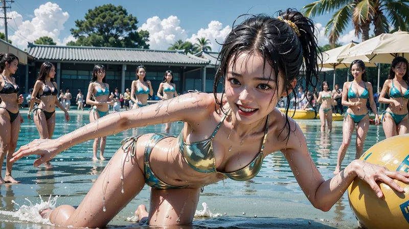 青空とヤシの木に囲まれた広々としたプール会場で、黒髪をまとめた少女がビーチボールを持ちながら楽しそうに笑みを浮かべています。青いビキニ姿で水しぶきが上がる清涼感あふれた夏のシーンです。
