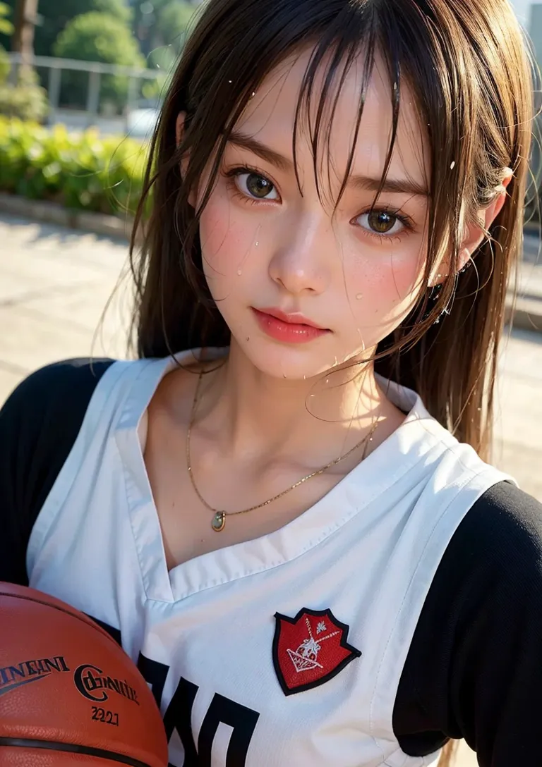 白と黒のスポーツユニフォームを着た美少女が、屋外の校庭で優しい表情を見せるポートレート。午後の自然光が肌を柔らかく照らし、黒髪の流れと瞳の輝きが印象的です。