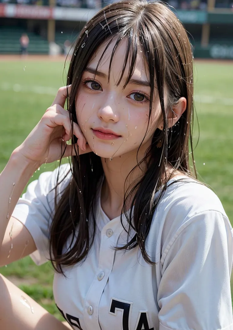 白い野球ユニフォームを身につけた美少女が、屋外の球場で髪に手を添えて静かに佇む一枚。爽やかな眼差しと清潔感あふれる表情が印象的です。