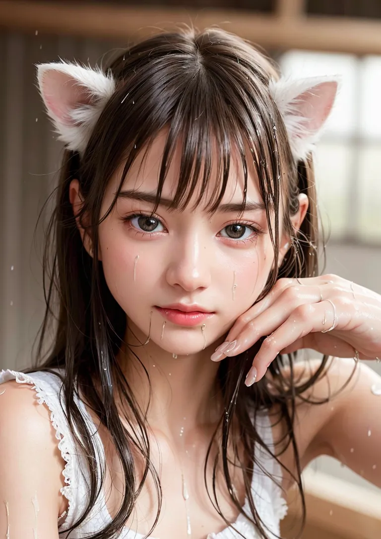 白い猫耳を着けた黒髪の美少女が、清楚で柔らかい表情で正面を見つめるアニメ調ポートレート。ウェットな質感の髪と透き通るような肌、淡いメイクが儚げな雰囲気を演出しています。
