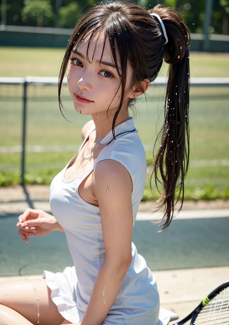 爽やかな午後の屋外テニスコートで、黒いポニーテールを優雅に束ねた美少女がテニスラケットを手に静かに微笑んでいます。白いスポーティウェアに身を包み、陽光が肌に心地よく映る瞬間を捉えた爽快感あふれるイラストです。