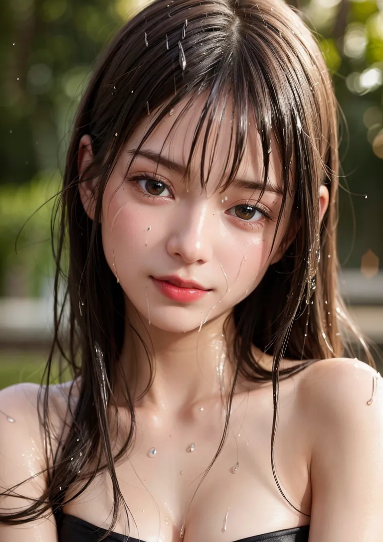 長く流れた黒髪に雨粒がきらめき、儚い表情を見せる美少女のポートレートです。柔らかな自然光と緑ぼかしの背景、清楚な印象のドレス姿が印象的な一枚。