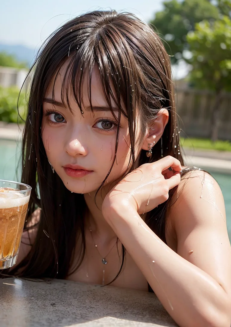 澄んだ瞳と上品な表情が印象的な、夏のプールサイドで水に濡れた髪の美少女のポートレート。爽やかな飲み物とともに、緑豊かな背景に映える爽涼感あふれるイラストです。