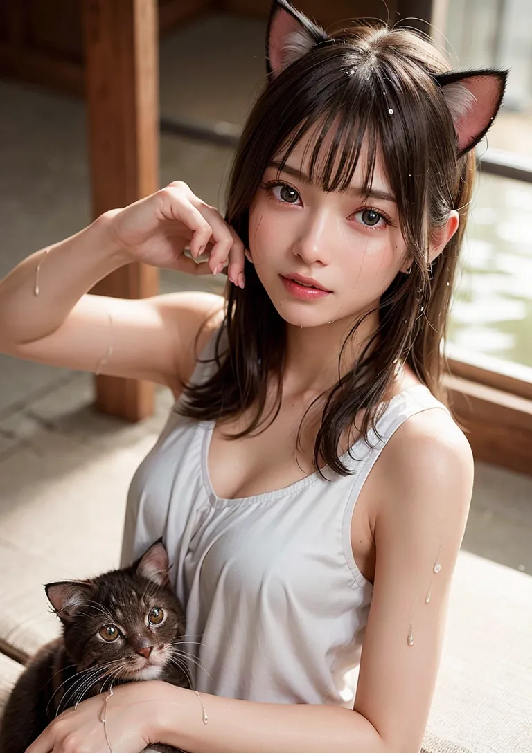 黒い猫耳を身につけた少女が、白いタンクトップ姿で黒猫を抱きかかえ、柔らかい日差しの室内で微笑みかけます。清楚で優しい表情とアニメ調の繊細な描写が特徴です。