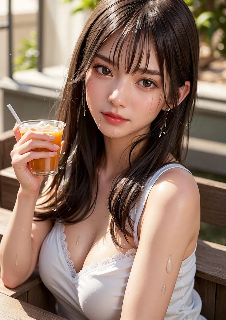 黒髪の美少女が窓辺の光の中、冷たい飲み物を手に物思いにふけるようなまなざしを向ける夏のポートレート。清涼感あふれるリアル調の描写が特徴です。