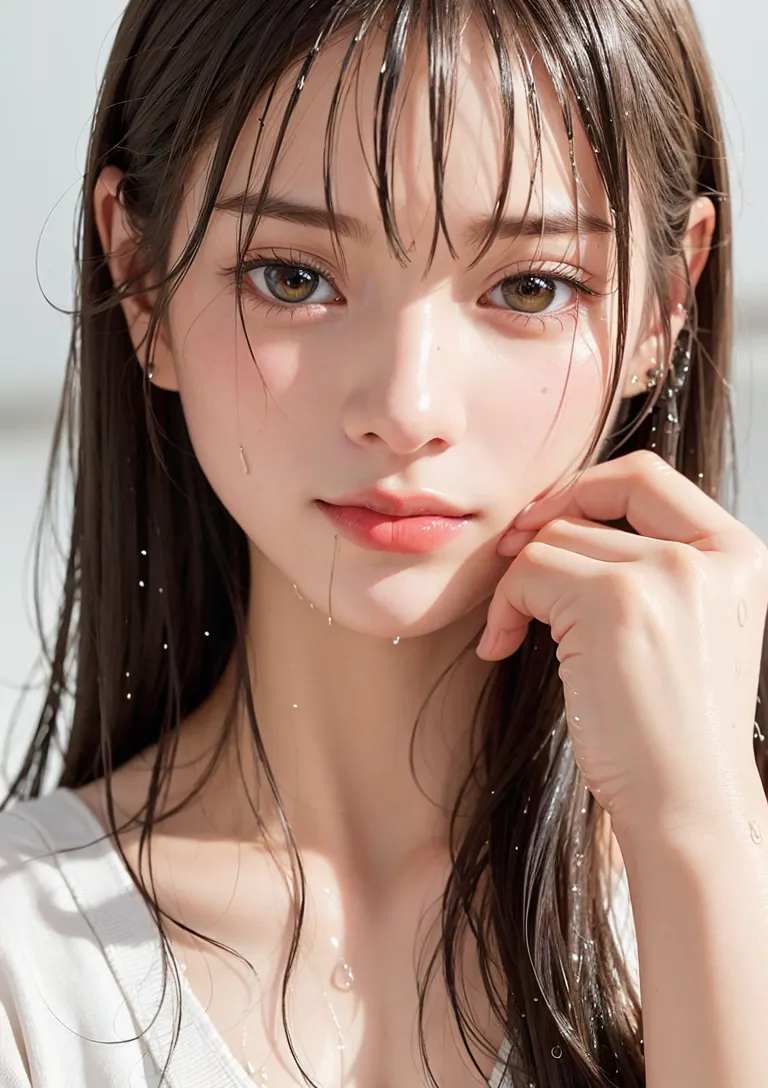 ウェットルックの長い茶髪に前髪が優しく落ちる、透明感のある美少女イラスト。見つめるような瞳と清楚な表情、頬に触れる仕草が印象的なアニメ調ポートレートです。