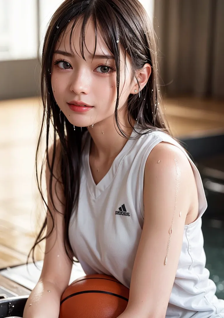黒髪をかき上げ、白いスポーツウェアでバスケットボールを持つ美少女のイラスト。柔らかい室内光に照らされ、真摯な眼差しで見つめる洗練された一枚です。