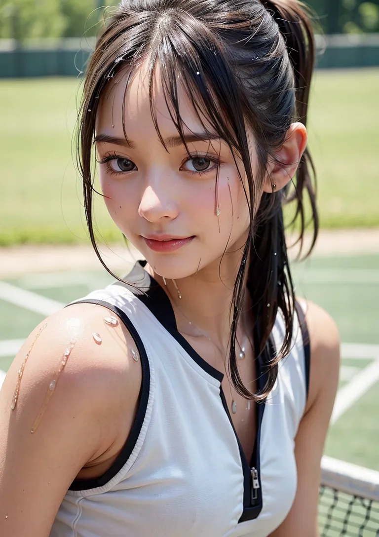 晴れたテニスコートで白のスポーツウェアを着た美少女が、清潔感溢れる表情で微笑む。黒髪を束ねた髪型と水滴が印象的で、夏の爽やかな雰囲気を引き出したアニメ調イラストです。