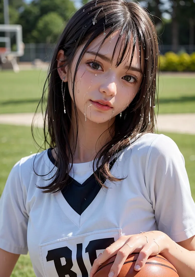 晴れた運動場で、白いTシャツを着た黒髪の少女がバスケットボールを抱えながら優しい眼差しで正面を見つめています。自然光に照らされた清爽な表情と青春らしい雰囲気が印象的なポートレートです。