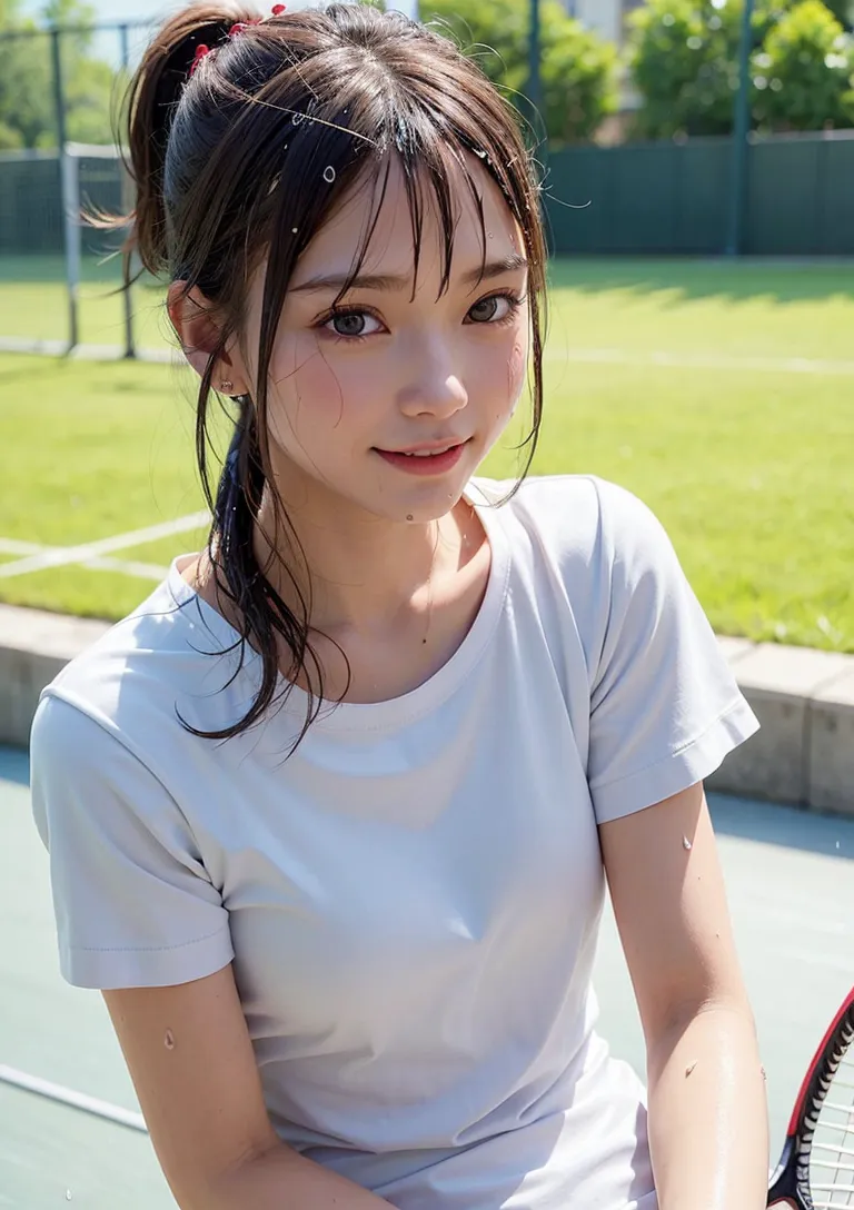 グレーのTシャツを着た少女が、テニスコートで明るい笑顔を見せるポートレート作品です。ポニーテールのヘアスタイルと自然光に照らされた表情が、夏の爽やかさを引き立てています。