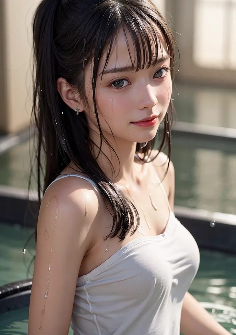 白いトップスに身を包んだ黒髪の少女が、水辺で振り返る瞬間を捉えた作品です。午後の柔らかな光が肌を優しく照らし、儚げな表情と清潔感あふれる佇まいが印象的なアニメ調ポートレートです。