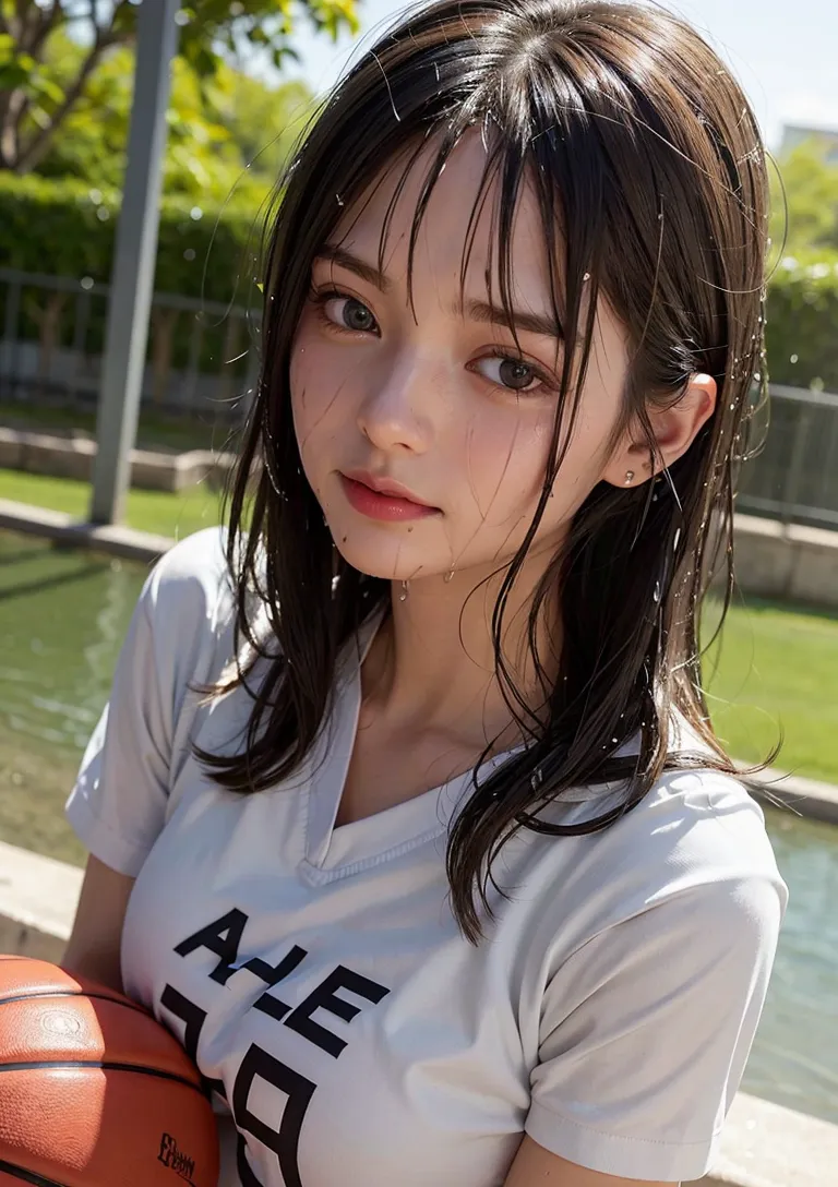 爽やかな屋外で白いTシャツを着こなし、バスケットボールを抱える清楚な美少女のポートレート。黒髪が日差しに輝き、青空と緑の背景に映える初夏の季節感が表現されています。