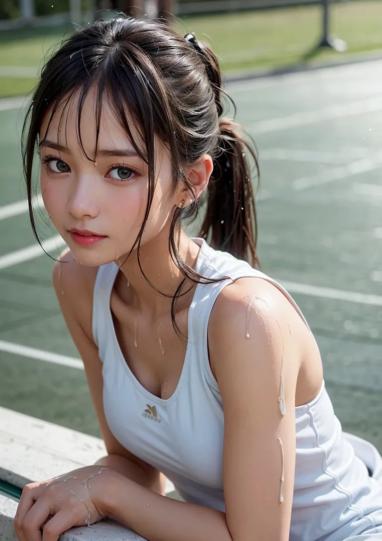 スポーツウェアに身を包み、午後の日差しの中でテニスコートの脇に佇む少女のポートレート。汗ばんだ肌と前髪の透け感が清楚な印象を与え、カメラに振り返る視線が儚い魅力を引き出しています。