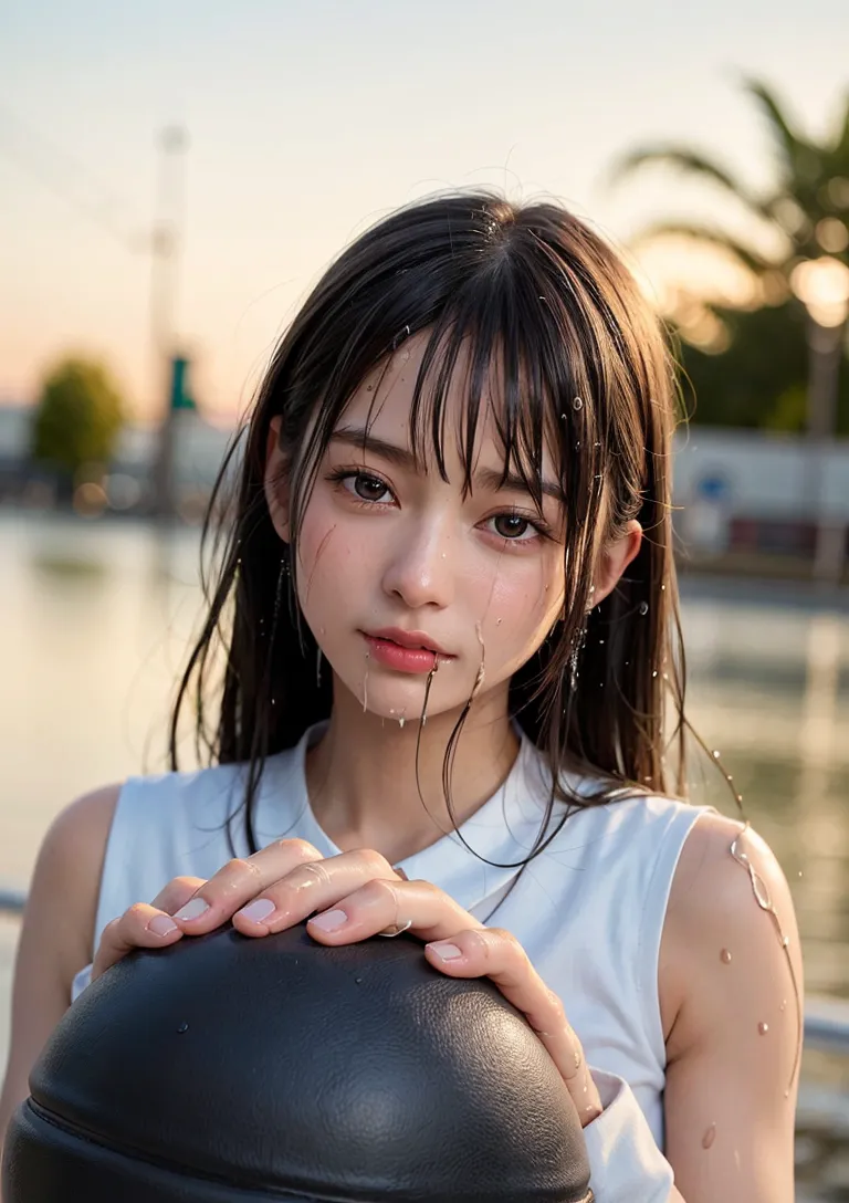港の夕景を背景に、濡れた肌と黒く長い髪が印象的な少女のポートレートです。ノースリーブの白いトップスに身を包み、穏やかで思い詰めたような表情で視線を向けています。夕焼けの柔らかな光が全体を優しく包み込む一枚です。