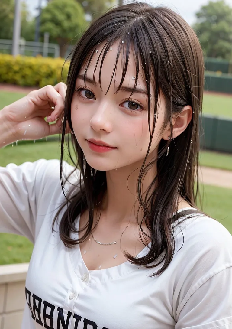 白いTシャツに身を包んだ黒髪ロングの少女が、緑豊かな屋外で静かな表情を浮かべるポートレート。前髪が優しく顔を彩り、自然光に包まれた穏やかな横顔の構図です。