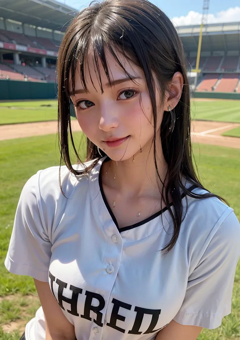 白いシャツに黒いロゴが入った野球ユニフォームを着た女性が、緑の野球場を背景に優しい笑顔を浮かべています。前髪が優雅に流れ、晴れた日の清潔感あふれる青春の一瞬を切り取った作品です。