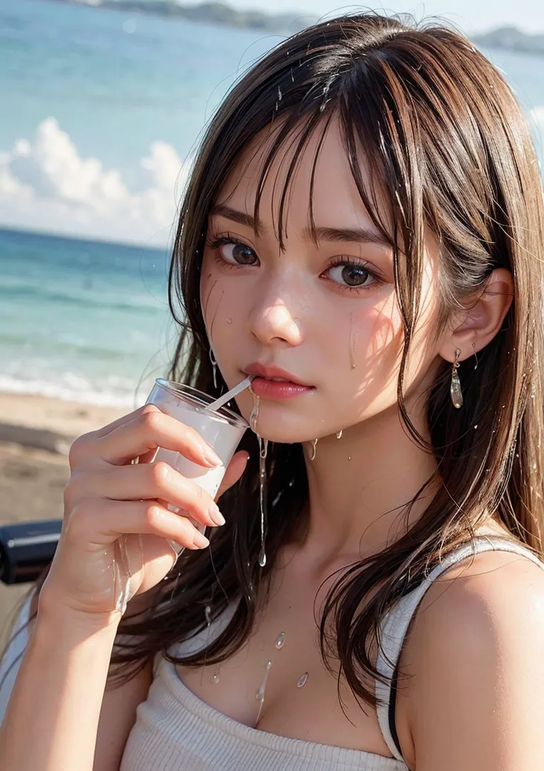 青い海と白い雲を背景に、黒髪の美少女がドリンクを片手に持つ爽やかなビーチシーン。光と水しぶきが躍動感を生み出す、夏の癒し系ポートレートです。