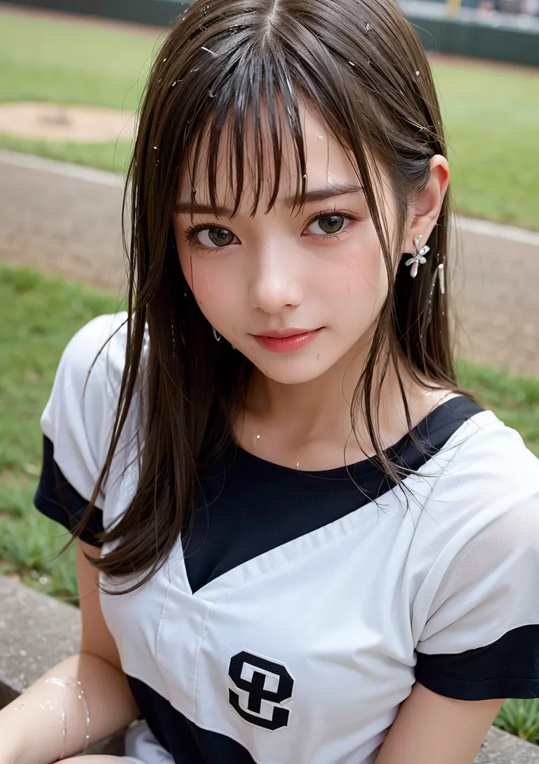 白と黒のスポーツウェアに身を包んだ黒髪の少女が、屋外でカメラに向かい柔らかく微笑んでいます。前髪とロングヘアが優しく顔を彩り、清潔感あふれるポートレートです。