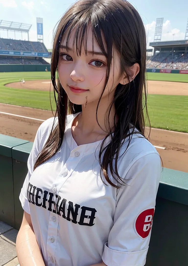 野球場のスタジアムを背景に、白いユニフォームを着た黒髪の美少女がカメラに向かって優しい表情で微笑んでいます。春の明るい陽射しが顔を柔らかく照らし、爽やかで清潔感あふれるスポーツイラストです。