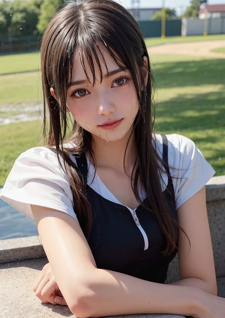 野球場を背景に、黒と白の配色スポーティな服装で、優しい眼差しを向ける長髪の少女。午後の柔らかい陽光の中、爽やかで清楚な雰囲気を纏ったアニメ調イラストです。