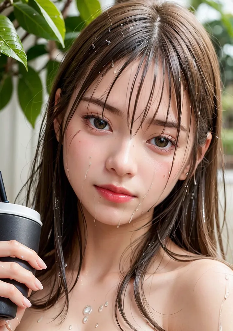 みずみずしい庭園を背景に、黒髪をなびかせた少女が静かな表情を浮かべています。水滴が顔や髪に付き、爽やかさと儚げな雰囲気を演出する屋外ポートレートです。