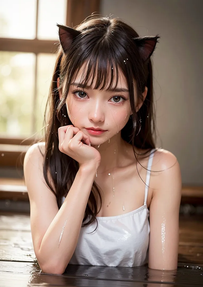 黒い長髪に猫耳をつけた清楚な美少女が、窓からの柔らかな午後光に包まれながら思い出に耽る表情を見せています。白いトップスと濡れた肌、儚く幻想的な雰囲気が印象的なポートレート作品です。
