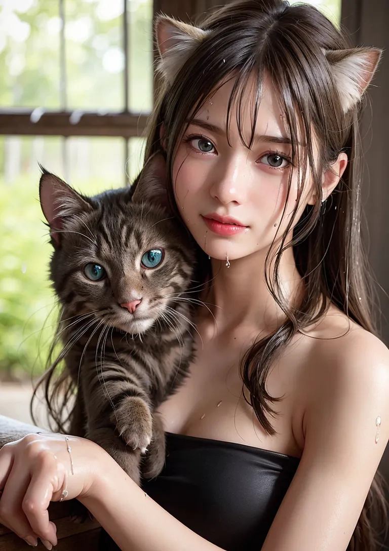 黒髪に猫耳を付けた清楚な少女が、青い瞳の縞猫を優しく抱きかかえています。窓辺の柔らかな自然光に包まれた温かみのあるポートレートです。