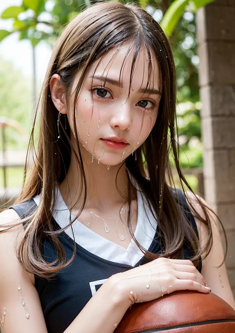 セーラー服姿の美少女がバスケットボールを抱え、雨に濡れた屋外で物思いげな表情を浮かべています。長い黒髪に雨粒が輝き、青春の儚さを表現した一枚です。